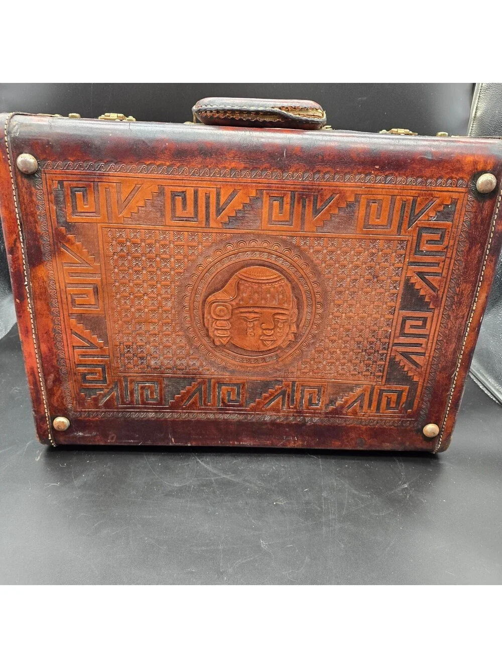 Vintage 1950s House of Oppenheim Mexican Hand Tooled Leather Suitcase Aztec Key
